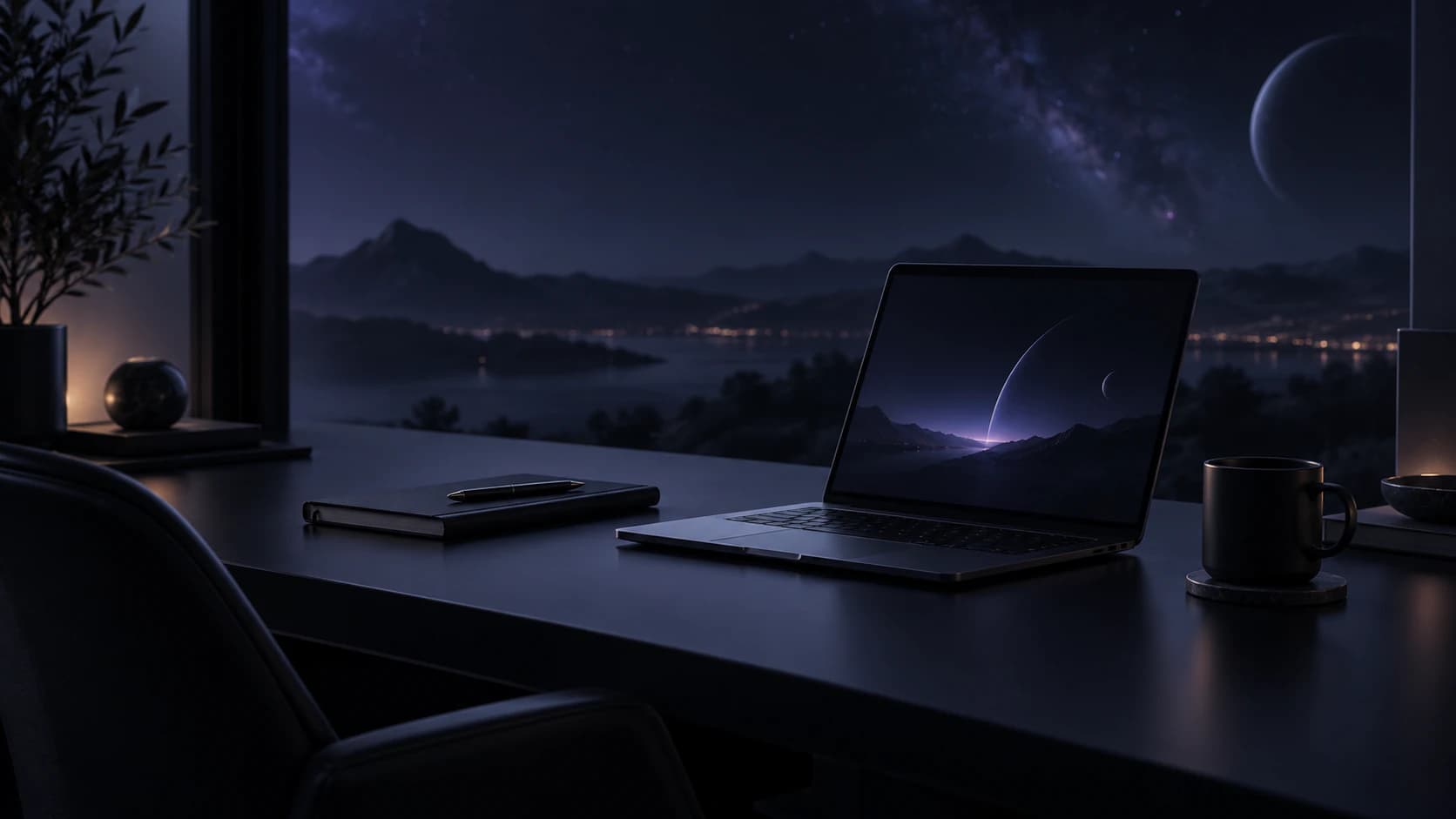 Illustration of a laptop and desk at night